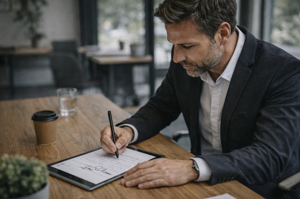 Person der underskriver en kontrakt digitalt paa en tablet