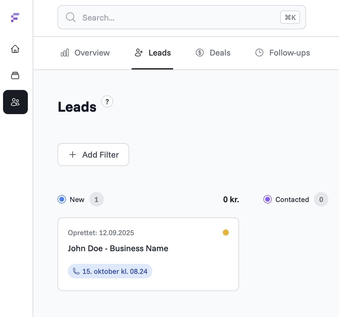 Gratis CRM dashboard der viser lead management, salgspipeline og deal tracking til små virksomheder