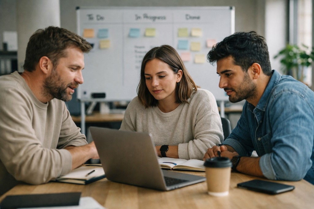 Team der planlaegger opgaver sammen ved et bord