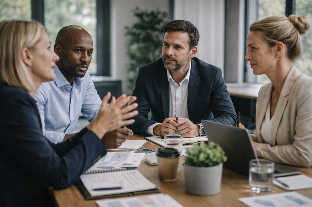 Strategiteam i moede med fokus paa planlaegning og beslutninger